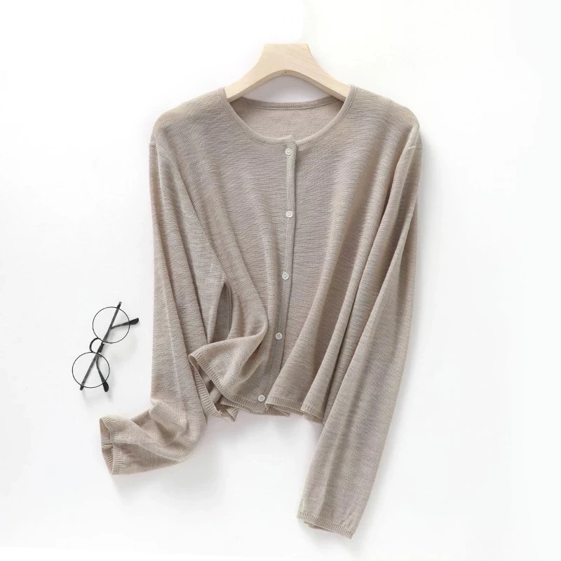 /奶咖开衫/防晒衣女圆领薄毛衣外套长袖百搭针织开衫衣长53 95255