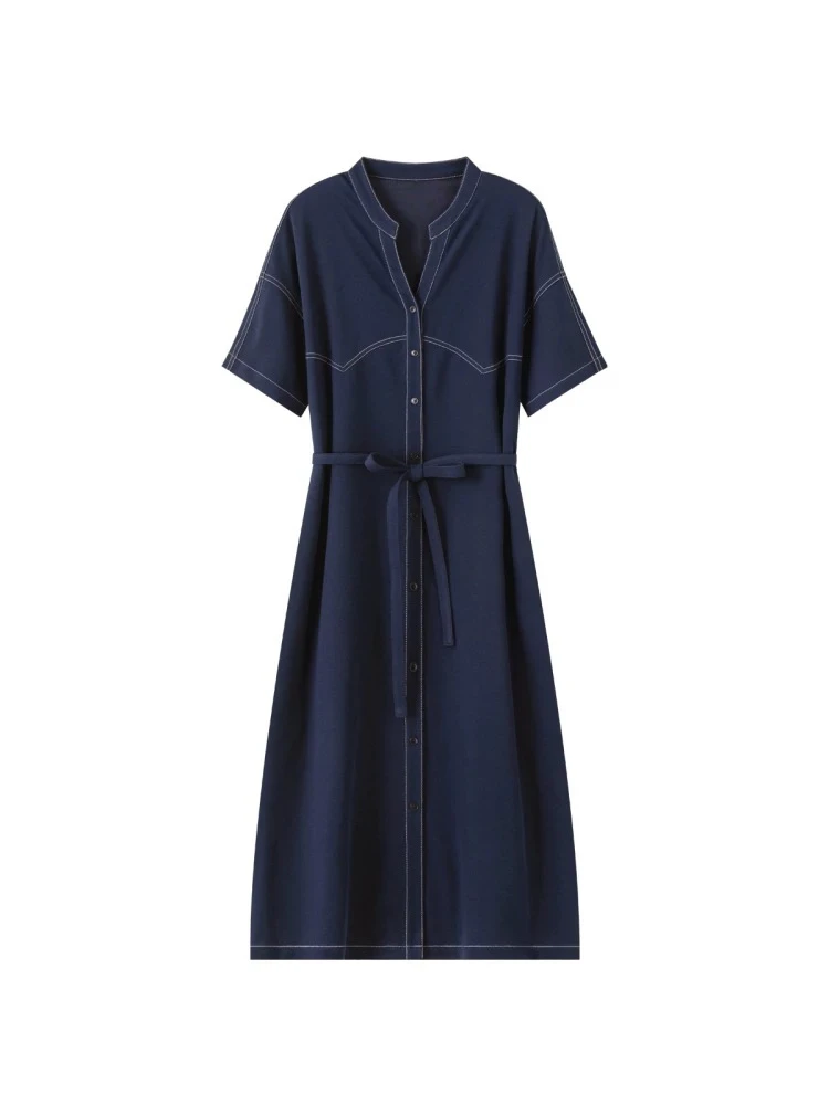 CG6213时尚夏季纯色有腰身裙子显瘦收腰法式气质连衣裙中长款