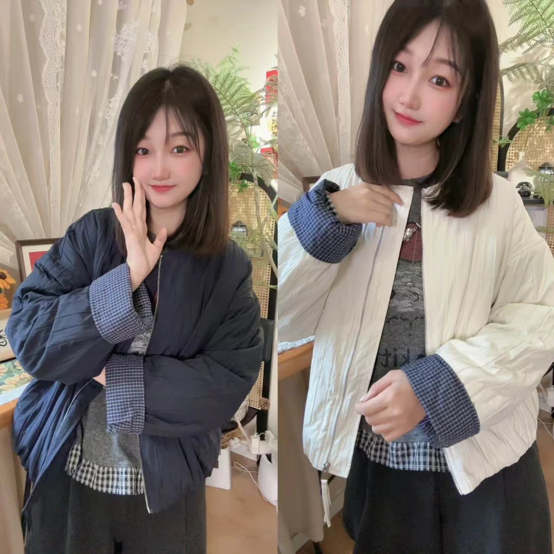 【琴瑟和鸣】秋季新款 时尚洋气百搭宽松显瘦纯色加棉圆领拼接外套