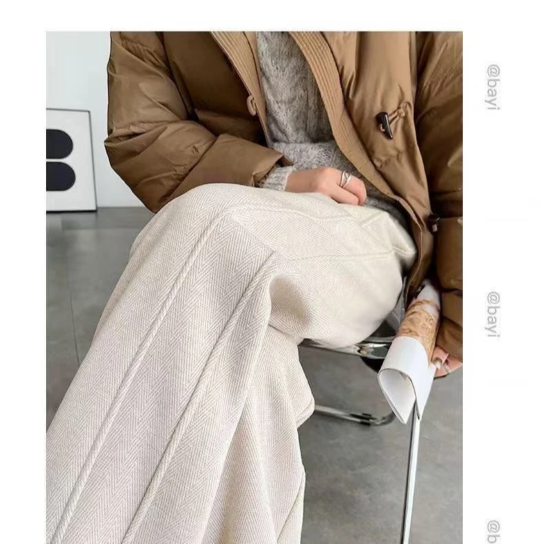 高腰显瘦人字纹开叉加加厚阔腿裤女秋冬季直筒宽松休闲裤子
