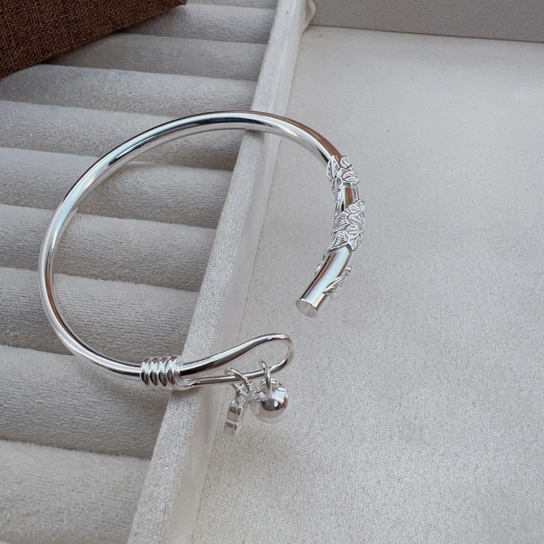 足银999繁花似锦福字铃铛开口手镯