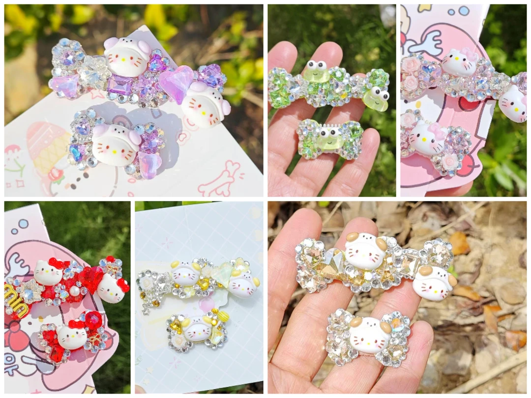 宠物发卡自制满钻青蛙扣头花发饰夏季新款绿色粉色凯蒂猫爆闪奢华