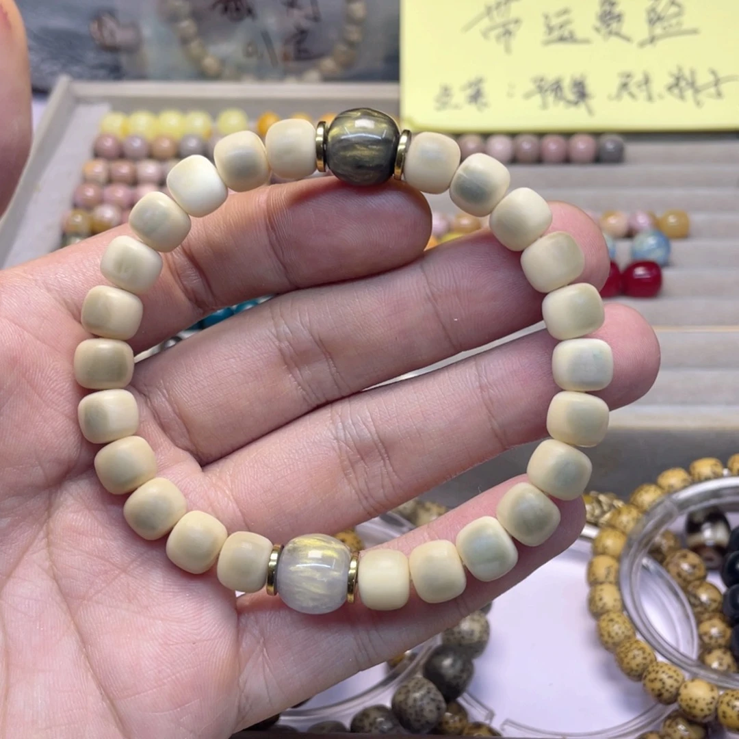 白玉菩提手串吸**心花皮绿约9+两颗欧白白