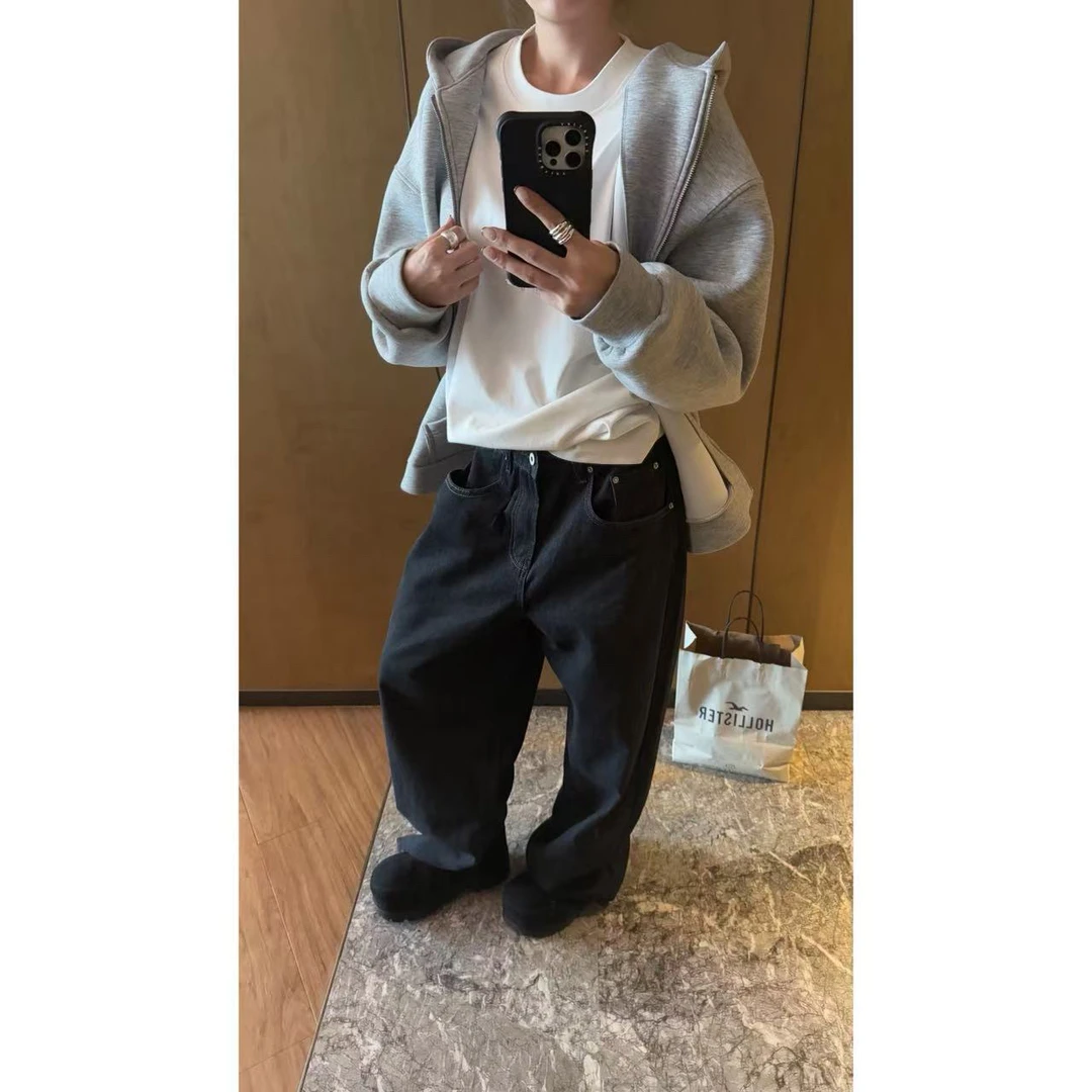 【陈碗饭】黑色直筒牛仔裤美式休闲水洗长裤百搭显瘦130