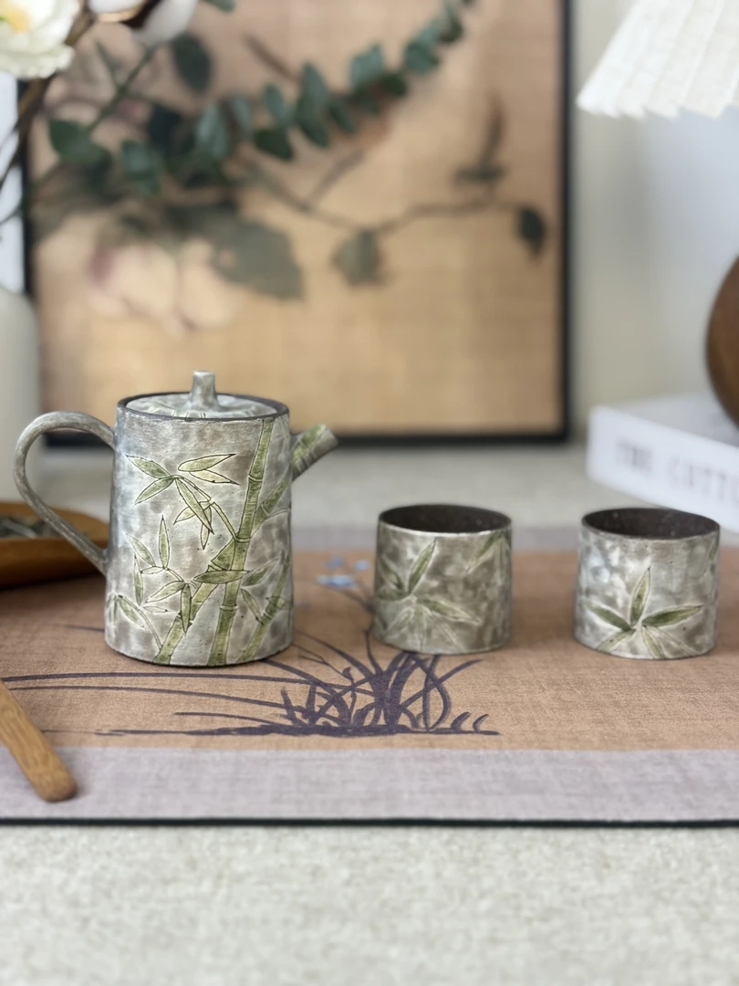 复古国风韵竹茶具杯子 紫砂纯手工雕刻绘画茶道茶壶