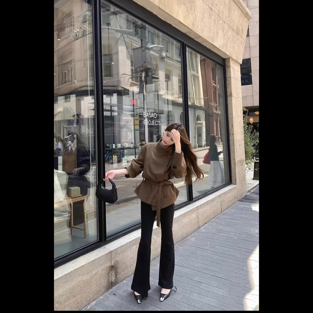 QIMO启茉（A32087#高腰微喇牛仔裤）黑色