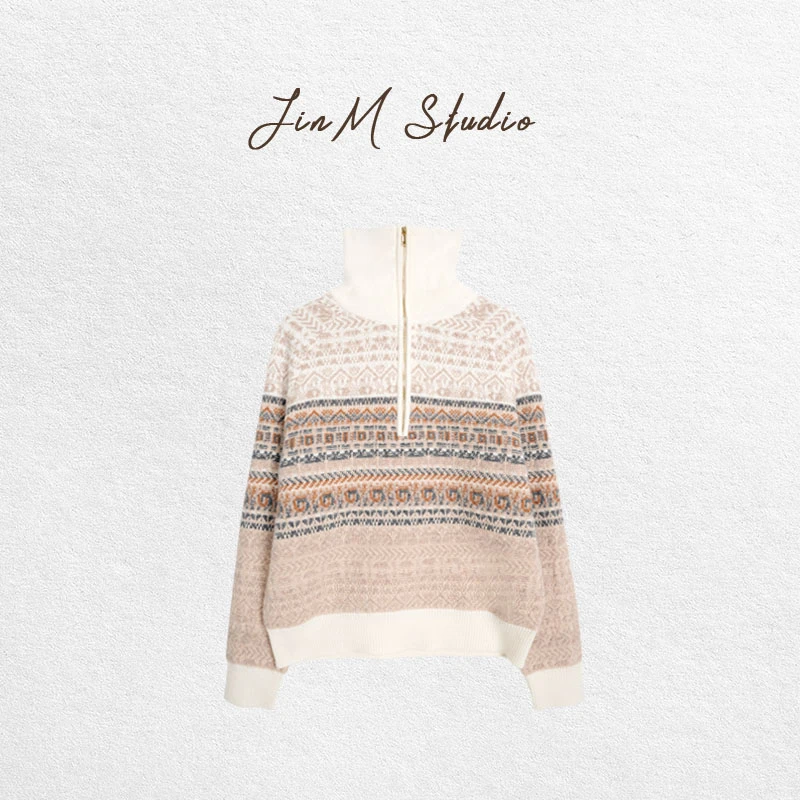 Jinmstudio丨【英伦费尔岛】复古费尔岛提花拉链针织衫602501A6105