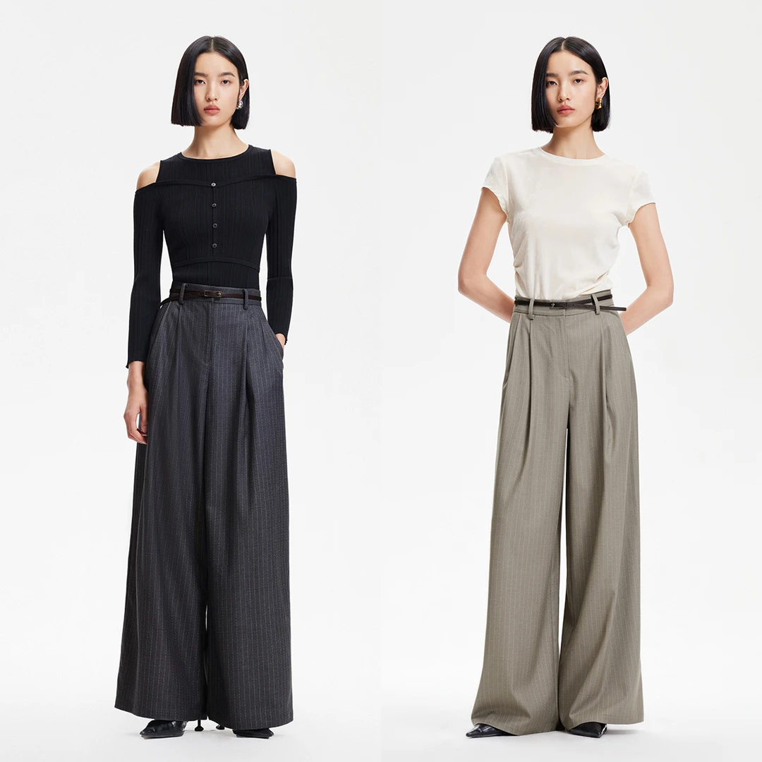 Vero Moda休闲裤2025春季新款撞色细条纹宽松休闲阔腿裤3251PL009