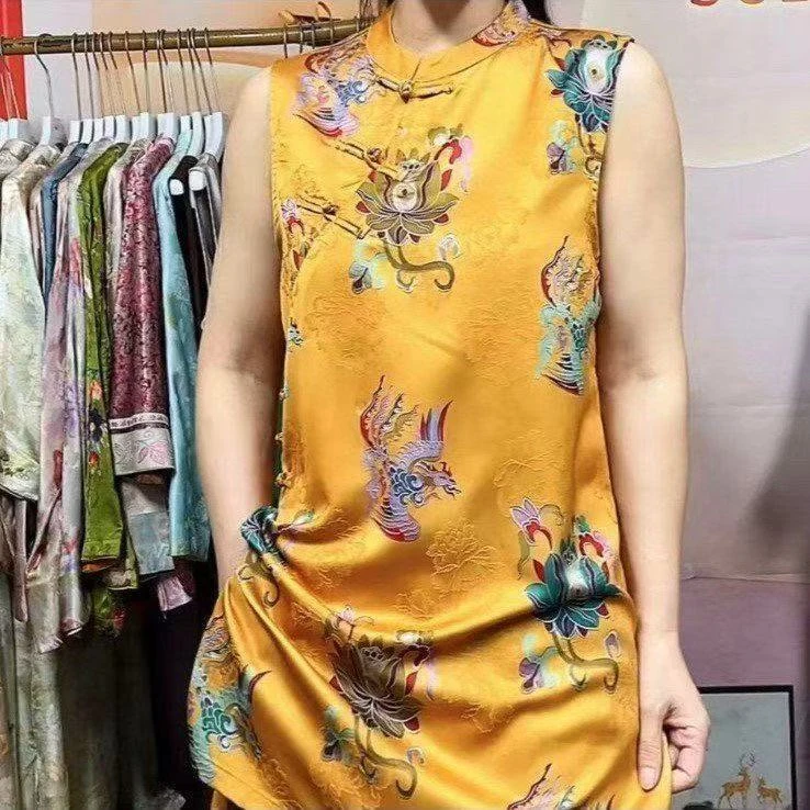 植物花卉纯色拼接长袖中长款上衣斜襟唐装国潮新风B011二楼