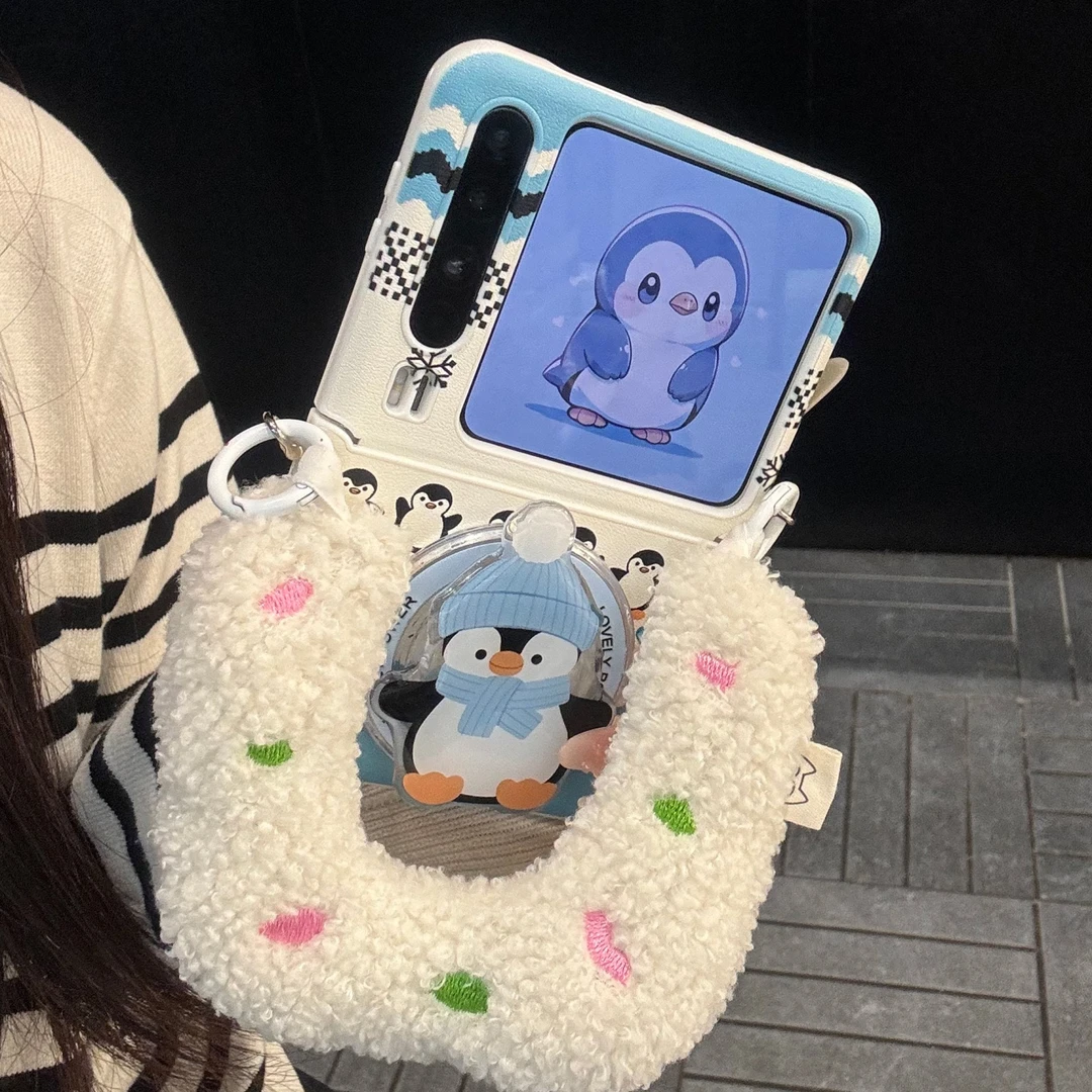 适用华为purax折叠屏手机壳蓝白皮质pocket2圣诞企鹅磁吸支架手绳