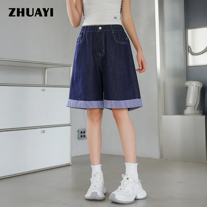 朱阿姨2025薄款夏季牛仔五分裤格纹原色短裤拼接裤子宽松