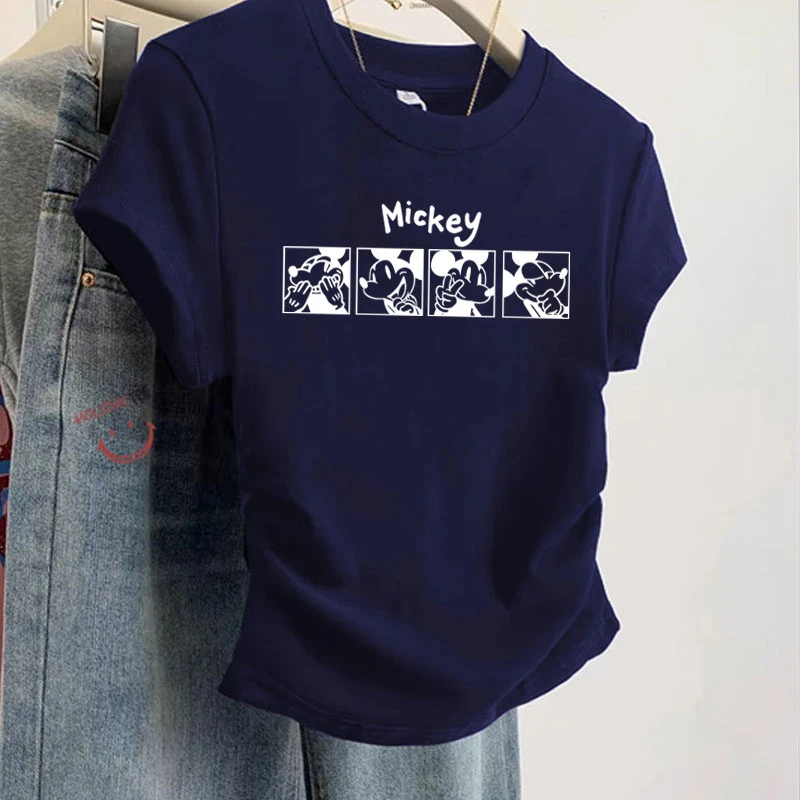 小众设计感圆领短袖t恤女2025新款宽松休闲正肩褶皱上衣大码