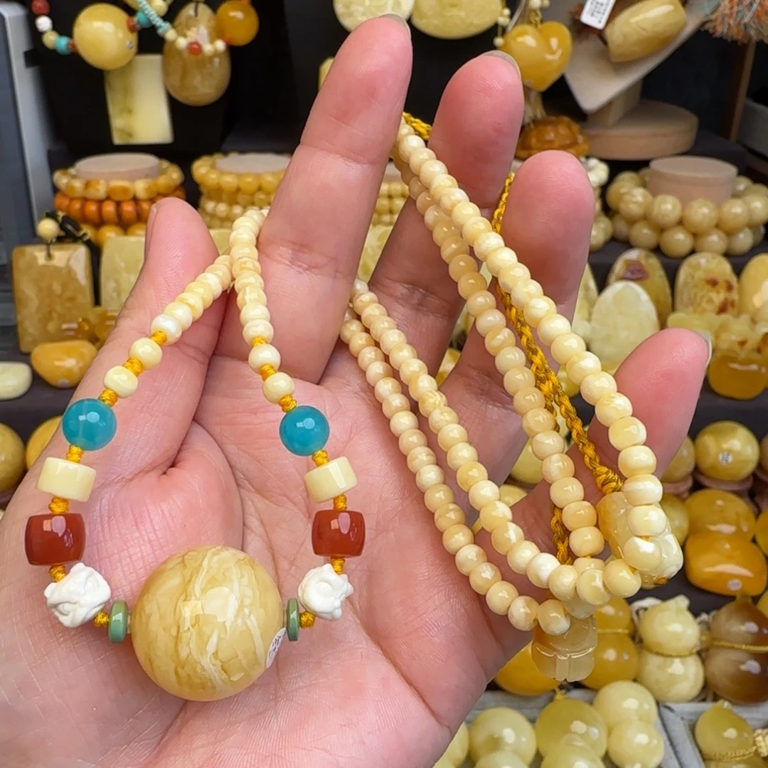 琥珀未镶嵌套链天然俄料千层雪虎皮妖花蜜蜡圆珠锁骨