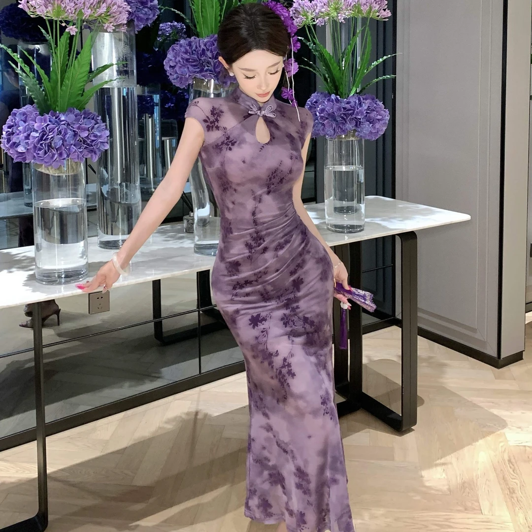 新中式复古改良版旗袍女夏季新款植绒烧花镂空修身鱼尾连衣裙长裙