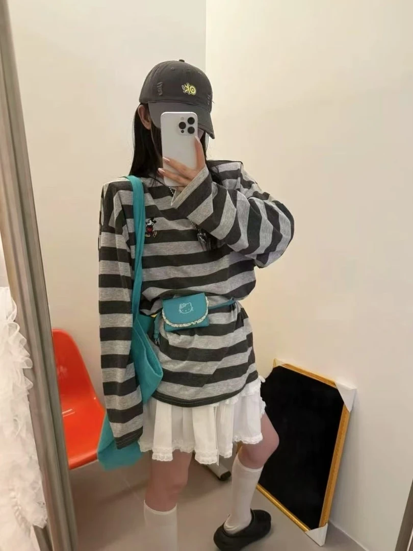 灰灰呀！三色自留！韩版米奇刺绣条纹宽松百搭显瘦长袖垫肩防晒T恤