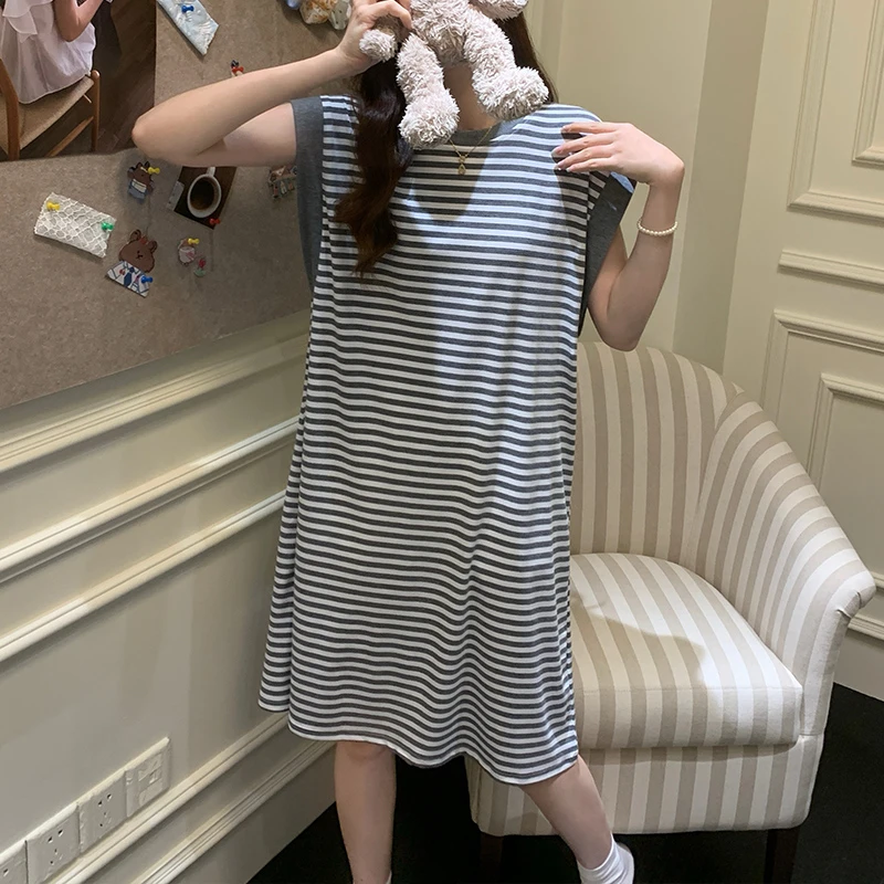 2025夏季款简约风条纹中长款睡裙女无袖背心少女感圆领薄款家居服