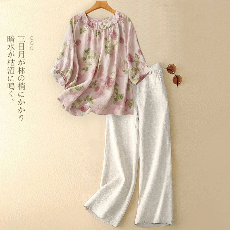 独特漂亮苎麻套装女士年轻款2025夏季新款妈妈高端亚麻衬衫两件套