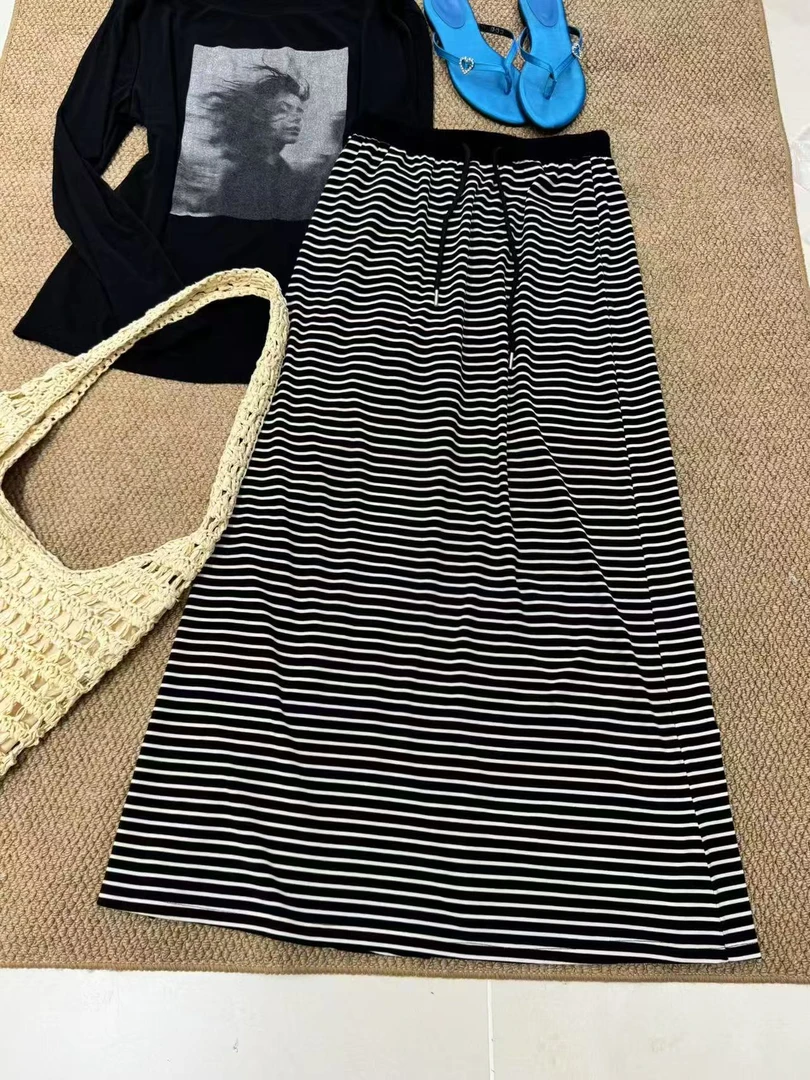 2025仟禧家夏季高腰显瘦复古抽绳宽松A版条纹裙