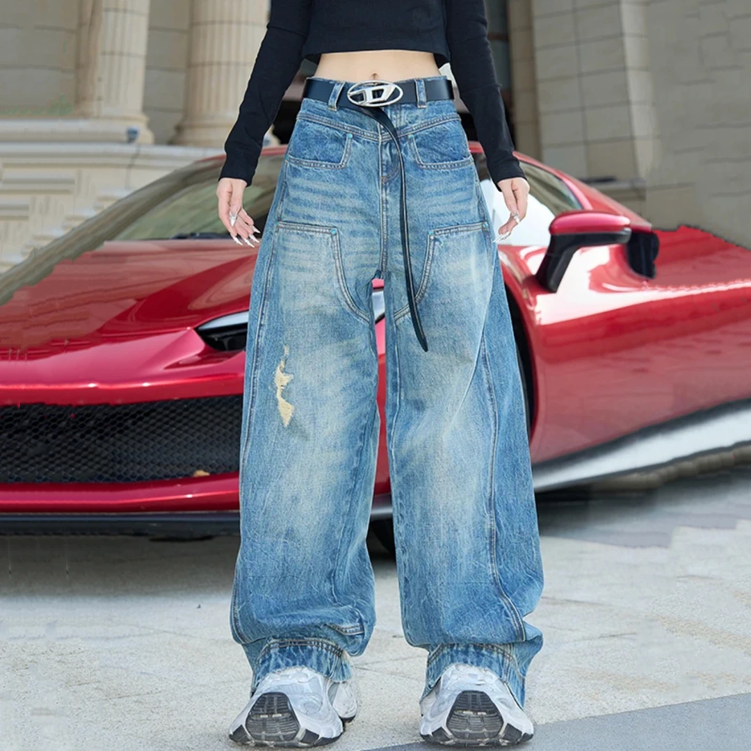 2025美式复古绿松水洗蓝立体裁剪直筒宽松小众设计伐木牛仔裤男女