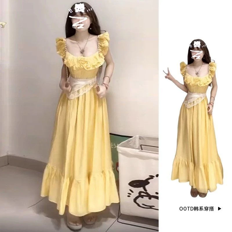 韩系风格黄色小飞袖吊带连衣裙女2024年夏季新款小个子收腰长裙子