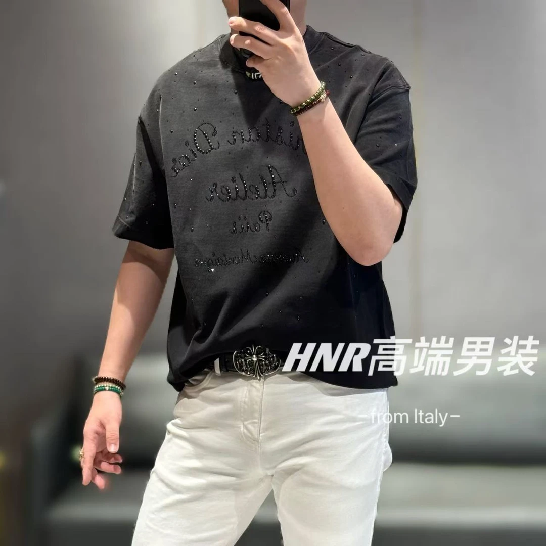 纯棉水洗做旧烟灰渐变色阔版溜肩高克重珠片钻点缀短袖T恤063