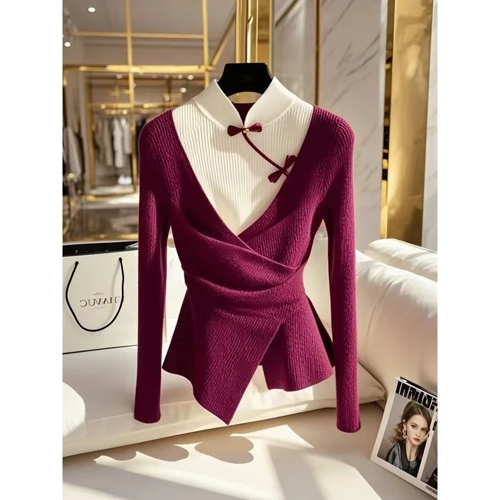 2024年冬独特绝美小香风小众新中式安可拉红色假两件针织衫女