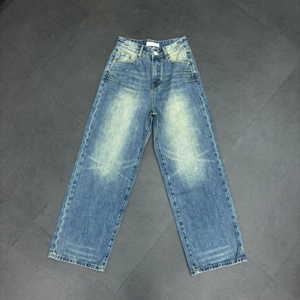 复古显瘦百搭猫须洗水高腰牛仔女裤55059