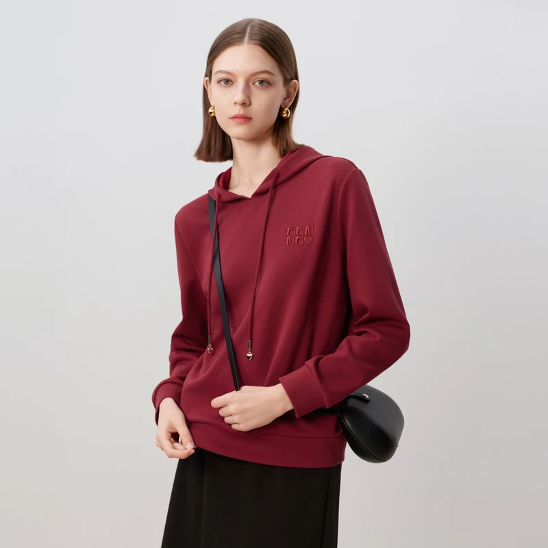 dunnu敦奴2025春新款纯色连帽休闲卫衣字母直筒女上衣FU130120