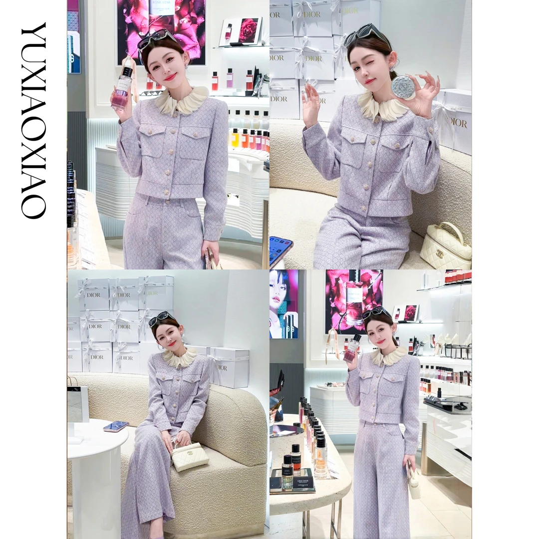 余潇潇【高智千金】绵羊毛混纺粗花呢菱形花纹小香外套&宽松直筒裤