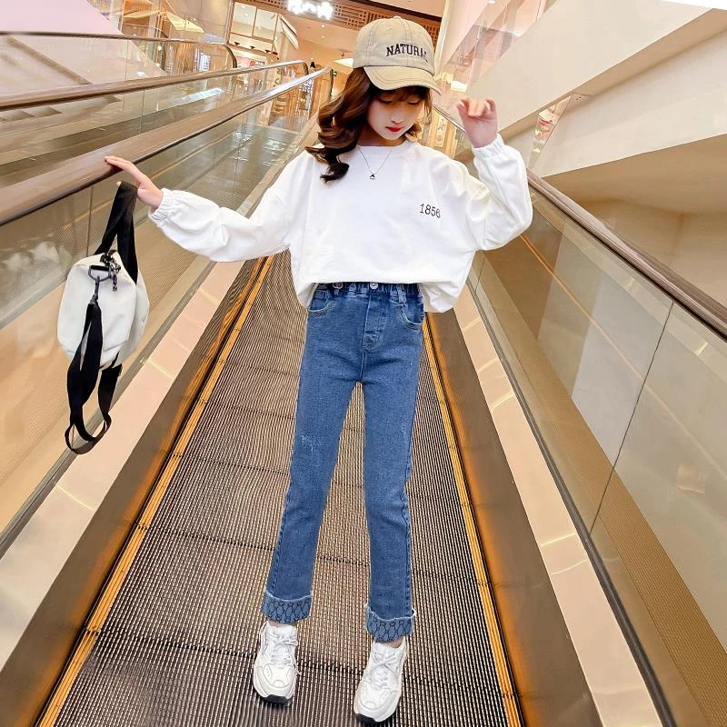 FAVMARTHA女童牛仔裤春秋2025新款中大童烟管裤儿童春装直筒裤女