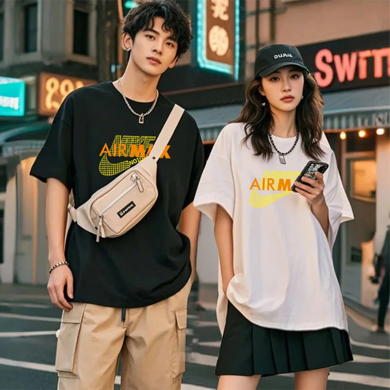 019潮牌联名款潮牌T恤男女同款时尚百搭圆领印花t恤短袖网格勾