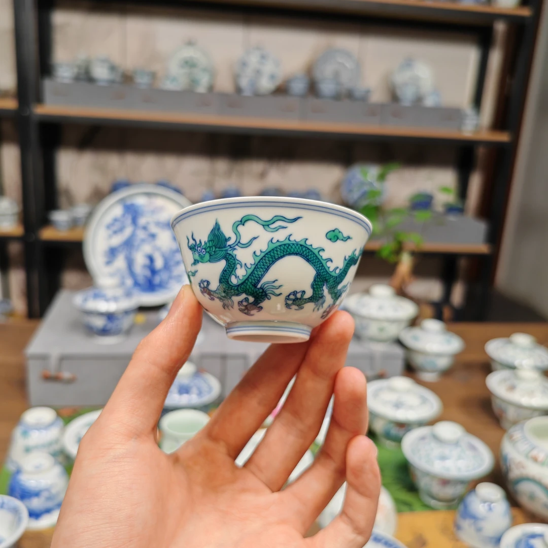 手绘斗彩绿龙主人杯茶杯茶具