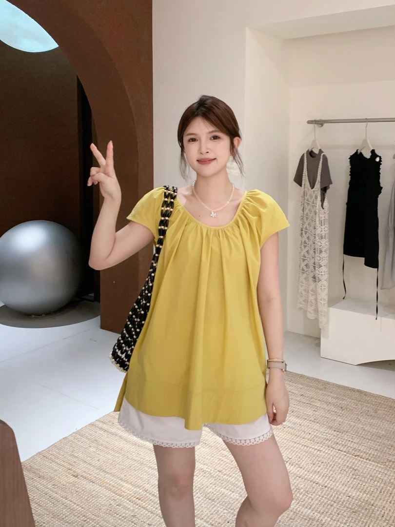 漫姐的店现货【青芒黄皮】夏季宽松圆领露背系带时尚短袖衬衫小衫