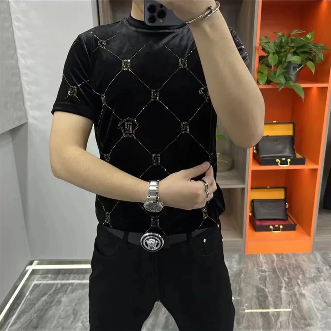 男士新款金丝绒半袖秋冬百搭时尚厚款烫钻加厚短袖欧货轻奢T恤