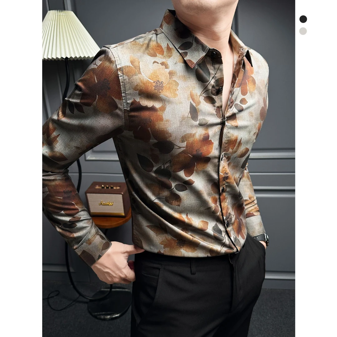 复古文艺男士衬衣长袖秋季洋气炸街男装印花衬衫男款爆款2025新款