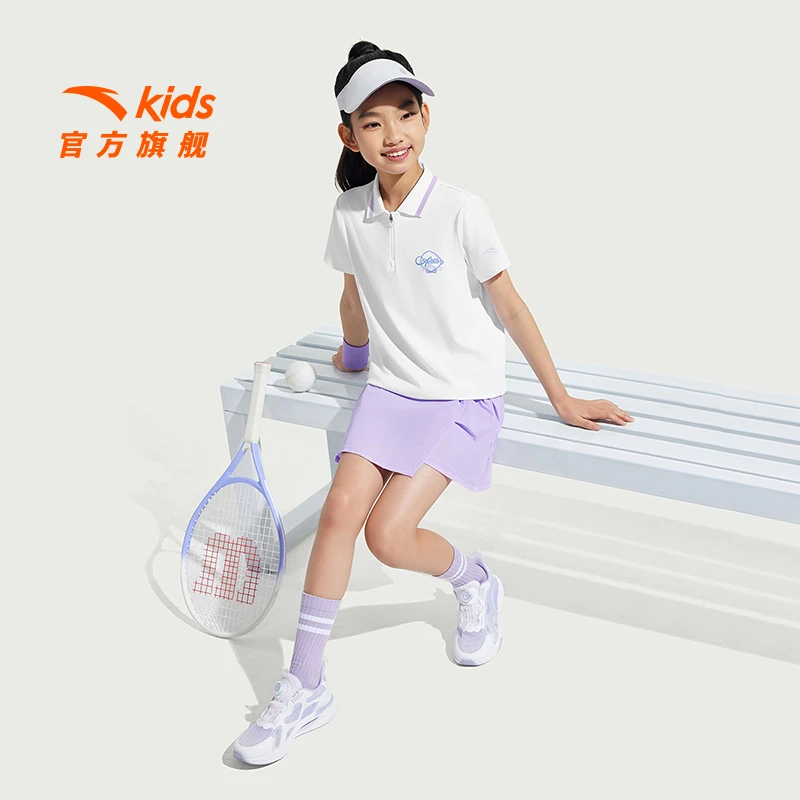 安踏儿童运动套装2025年夏季翻领女大小童舒适透气休闲百搭款套装