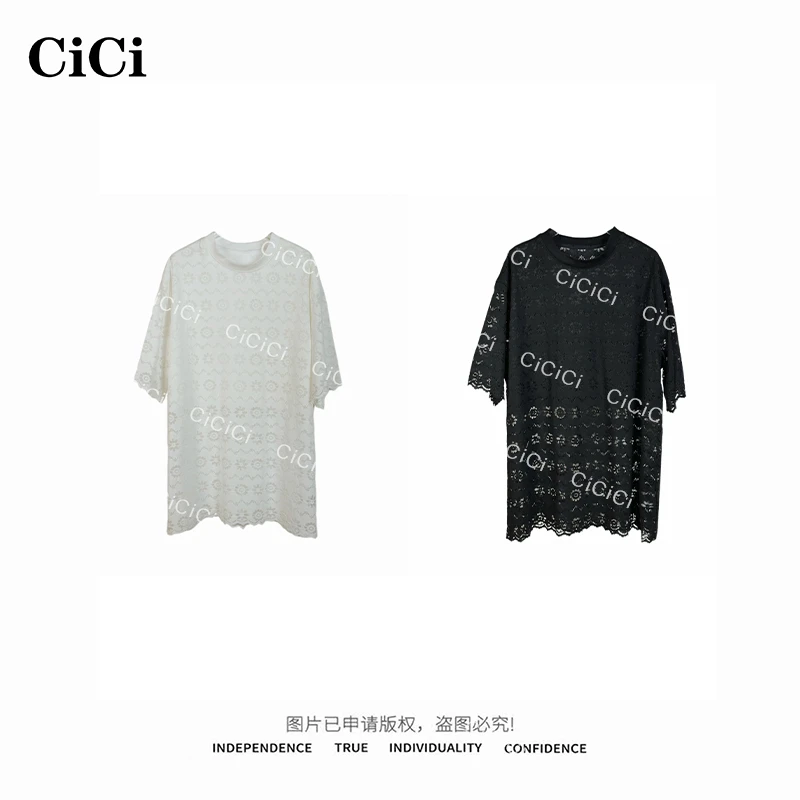 【CiCi酱】夏季休闲百搭拼接蕾丝镂空钩花圆领T短袖上衣 C25T71502