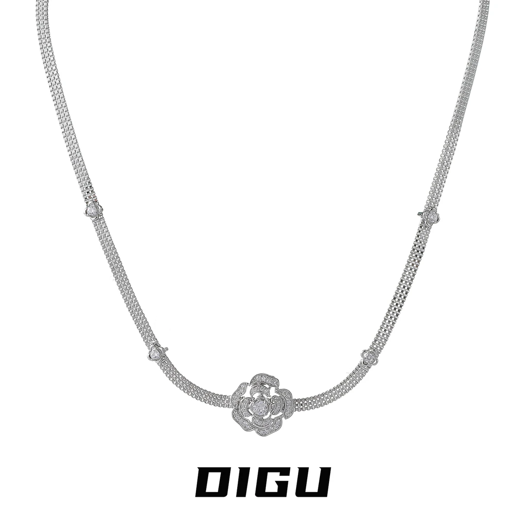 嘀咕家 铜合金合成锆石项链 精致满钻山茶花项链短款锁骨链颈链