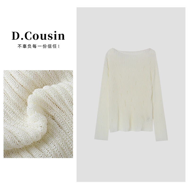 D.cousin 春季新款镂空圆领针织衫长袖上衣女 2209