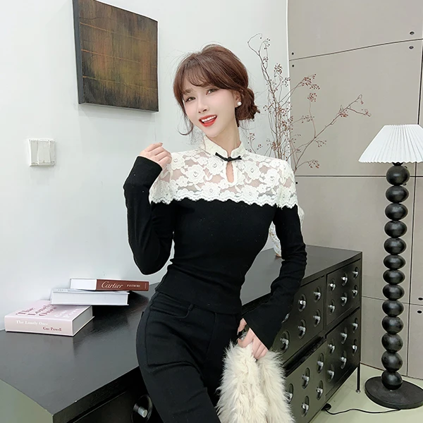 《新中式战袍》改良旗袍中式蕾丝拼接针织衫 (8519)