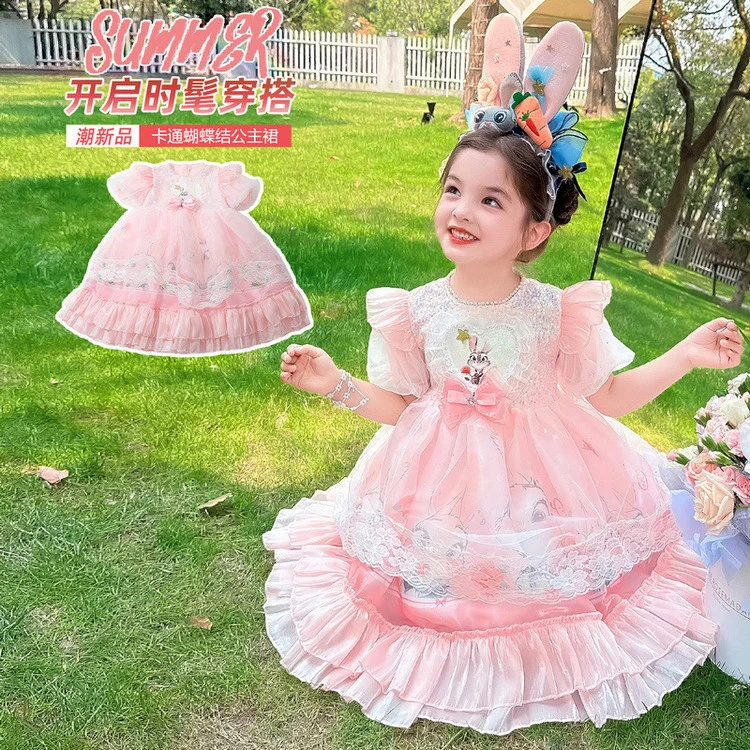 2025新款夏季公主裙女童蕾丝连衣裙可爱玩偶发箍套装洋气礼服裙
