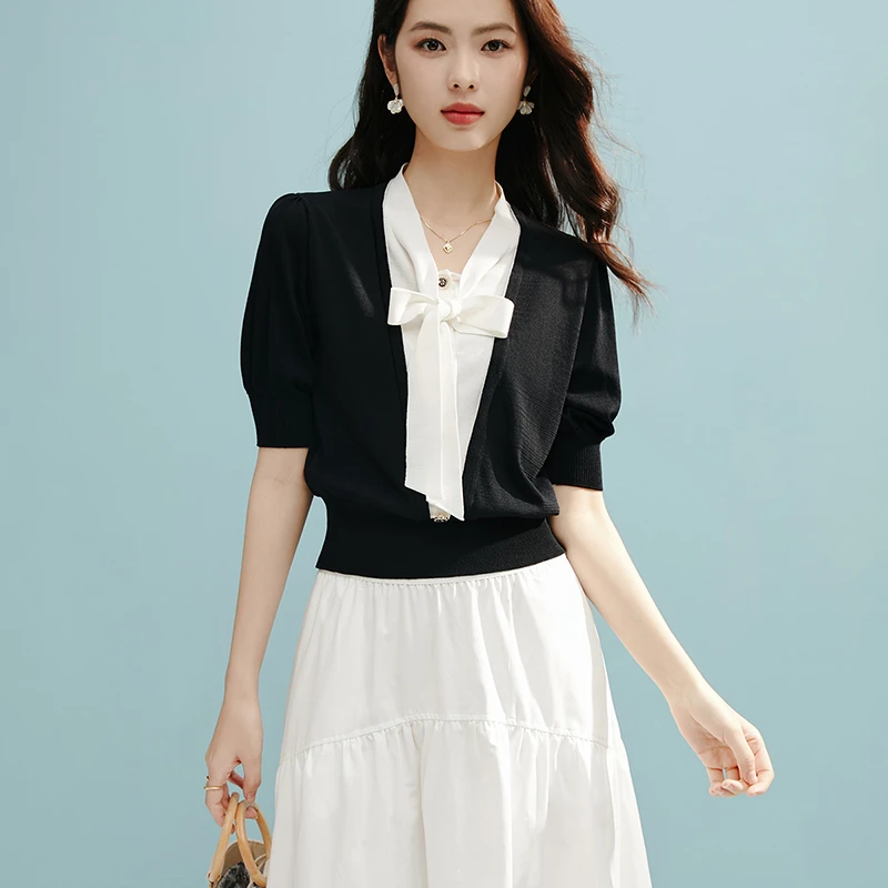 【新品】2025系带蝴蝶结针织短袖女25021813