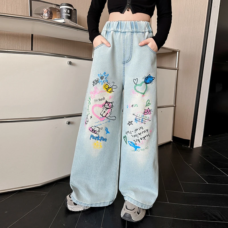 【嘻嘻柚】女童春季卡通印花牛仔阔腿裤2025新中大童时髦直筒阔腿裤