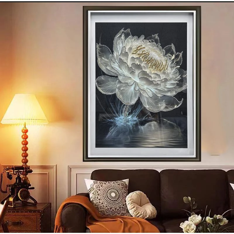 Q228睡莲时尚餐厅客厅轻奢挂画钢化玻璃装裱实物鎏金画装饰画