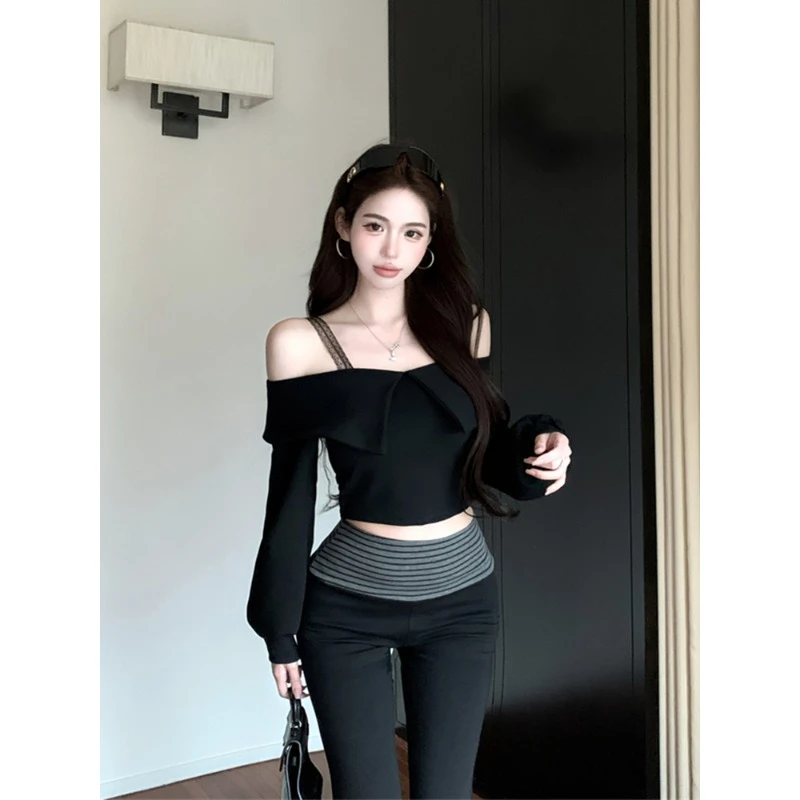 纯欲辣妹性感一字肩吊带小上衣女春装假两件蕾丝衬衫独特绝美车衣