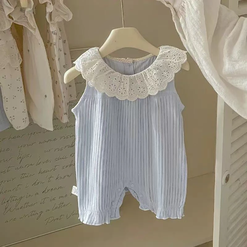 婴幼儿夏季新款坑条连体无袖花边蕾丝领女宝宝夏季薄款洋气外出服