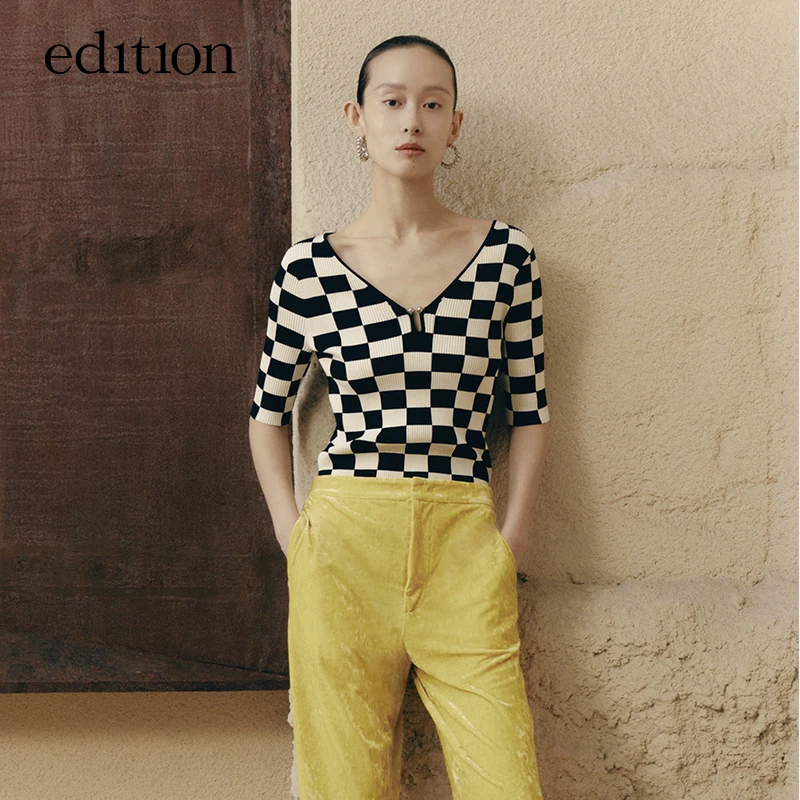 edition棋盘格V领毛织上衣女秋款复古修身显瘦针织衫#EBB3SWTT11