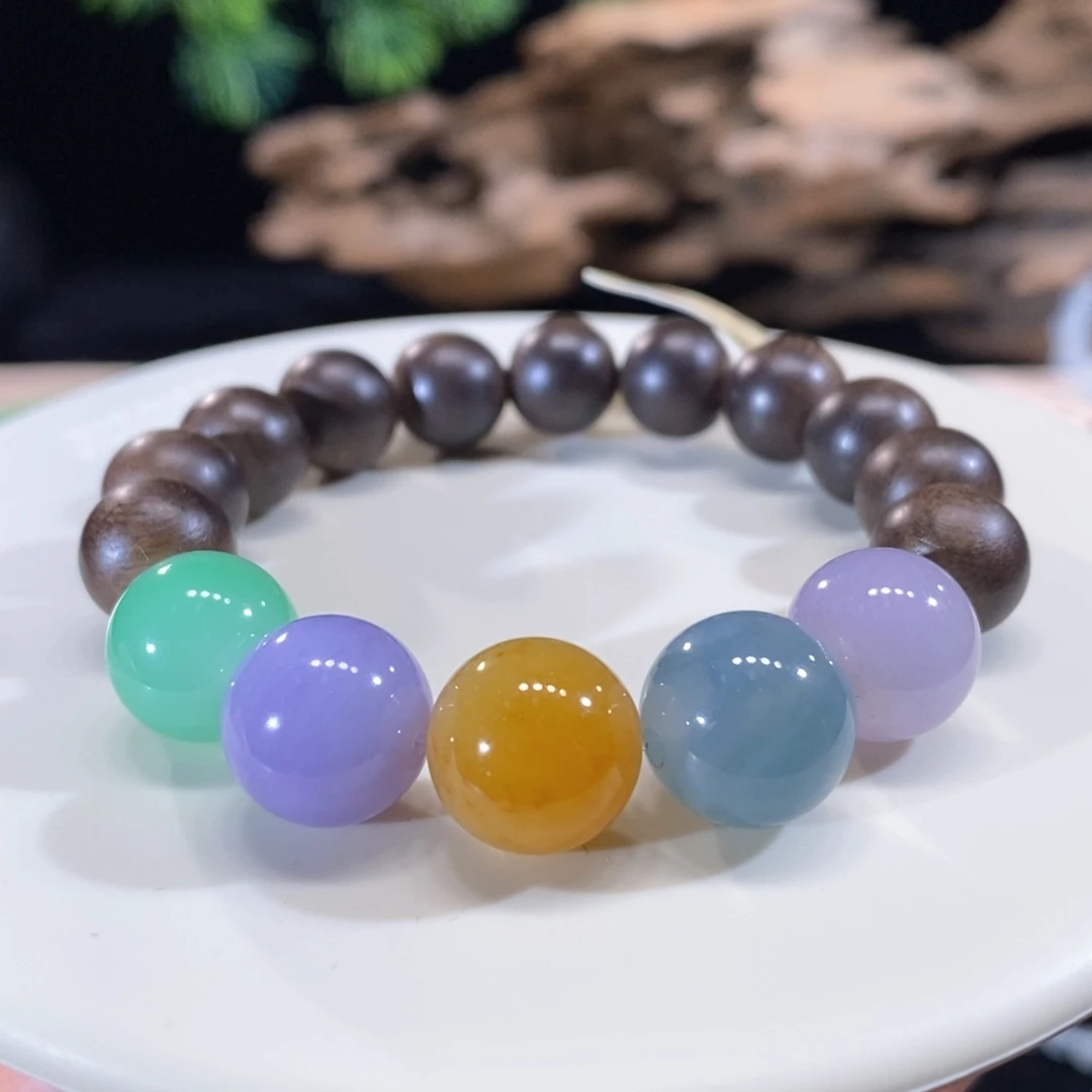 翡翠未镶嵌颈饰翡翠浓五彩圆珠手串12+mm