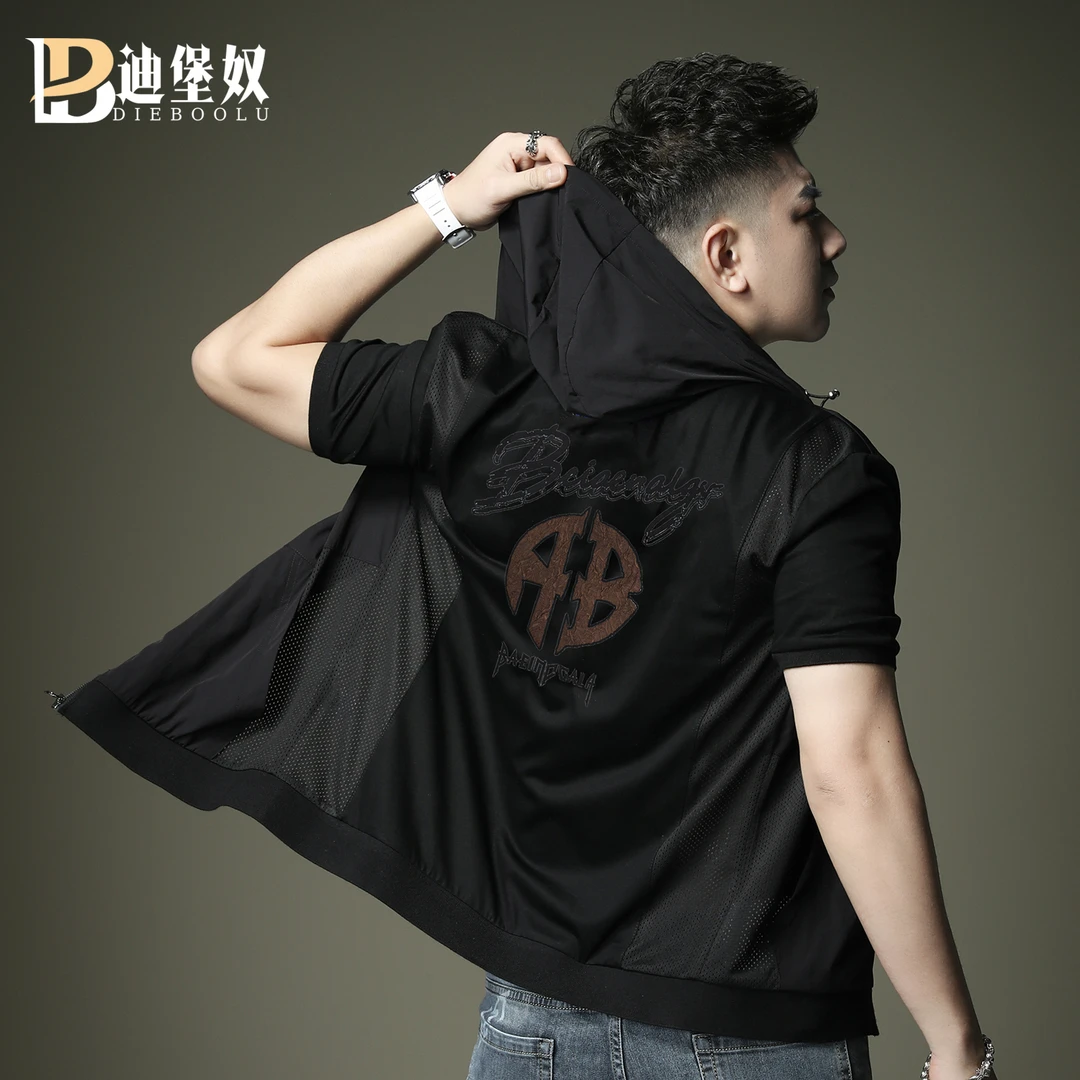 欧货2025新款潮流暗纹字母印花连帽开衫t恤男潮牌夏季休闲凉感T恤