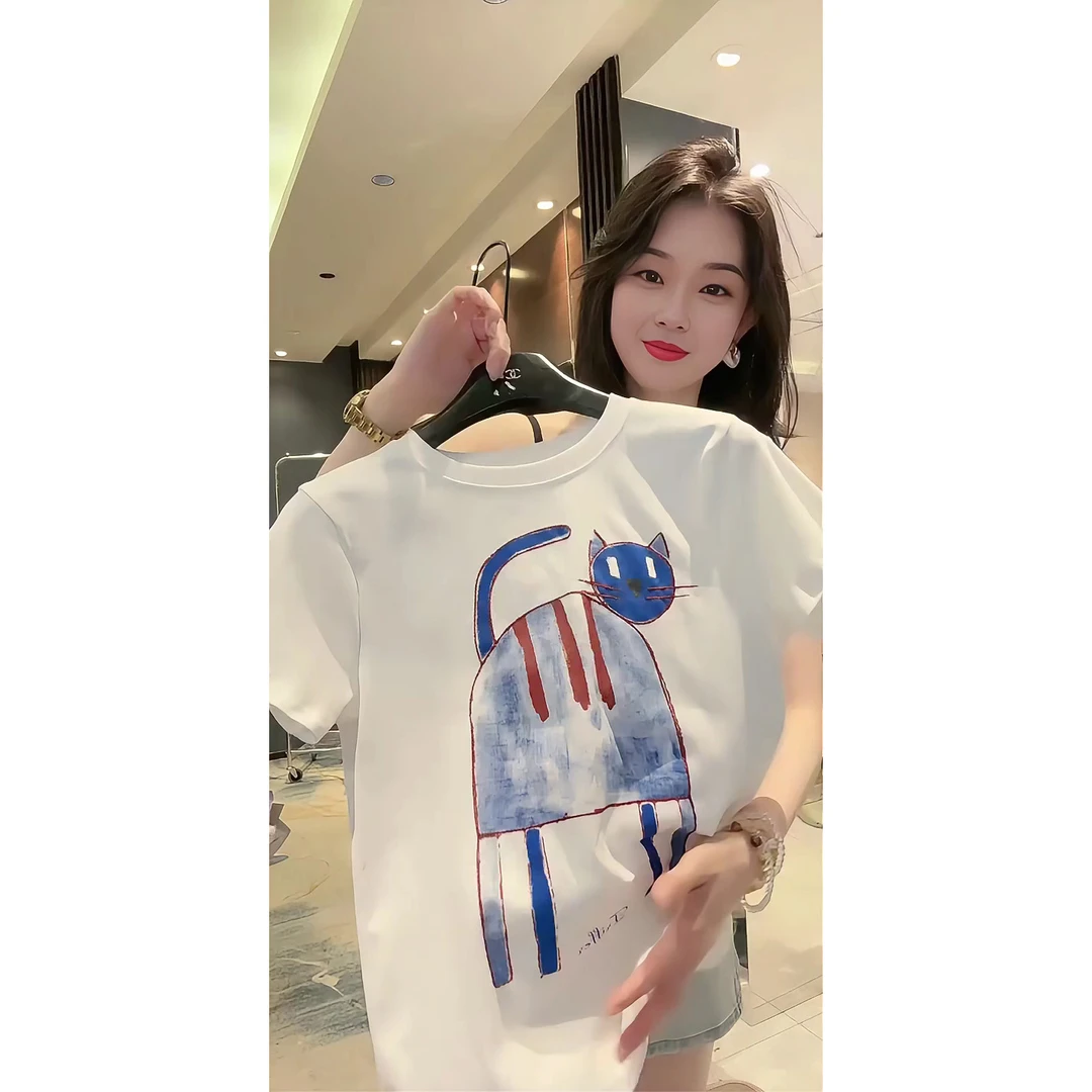 2025新款趣味涂鸦小猫印花短袖T恤女夏季别致正肩洋气显瘦打底衫